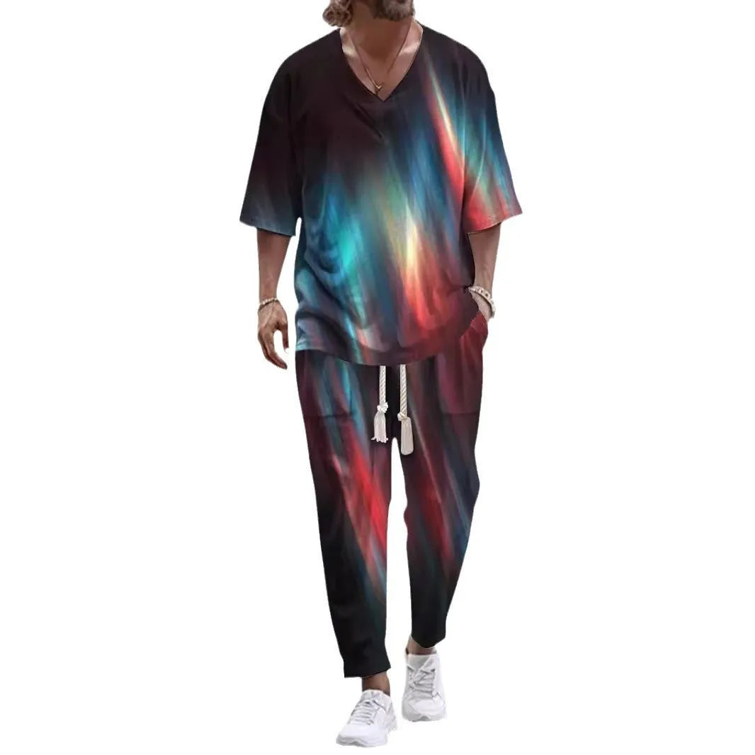 Men's cropped sleeve V-neck polyester suit in two-piece set with trousers