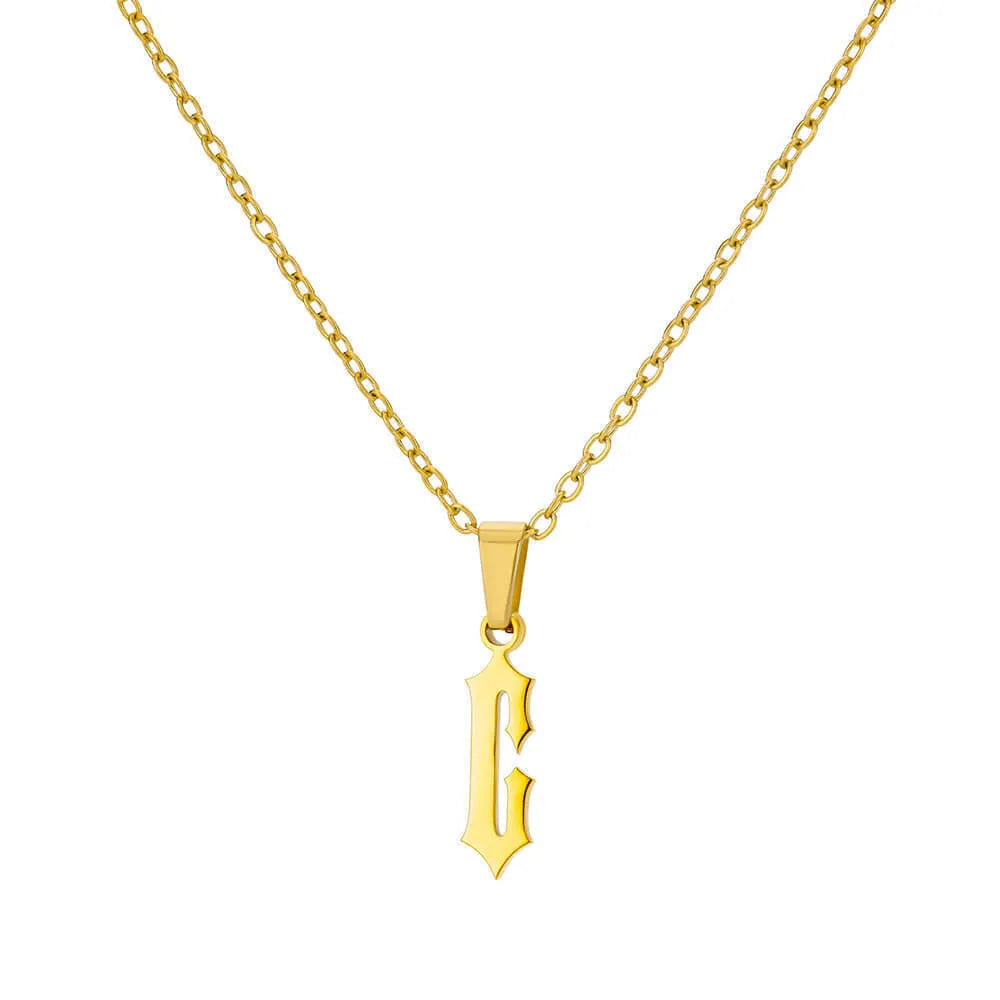Gold stainless steel ancient English letter pendant necklace with O-ring chain on white background