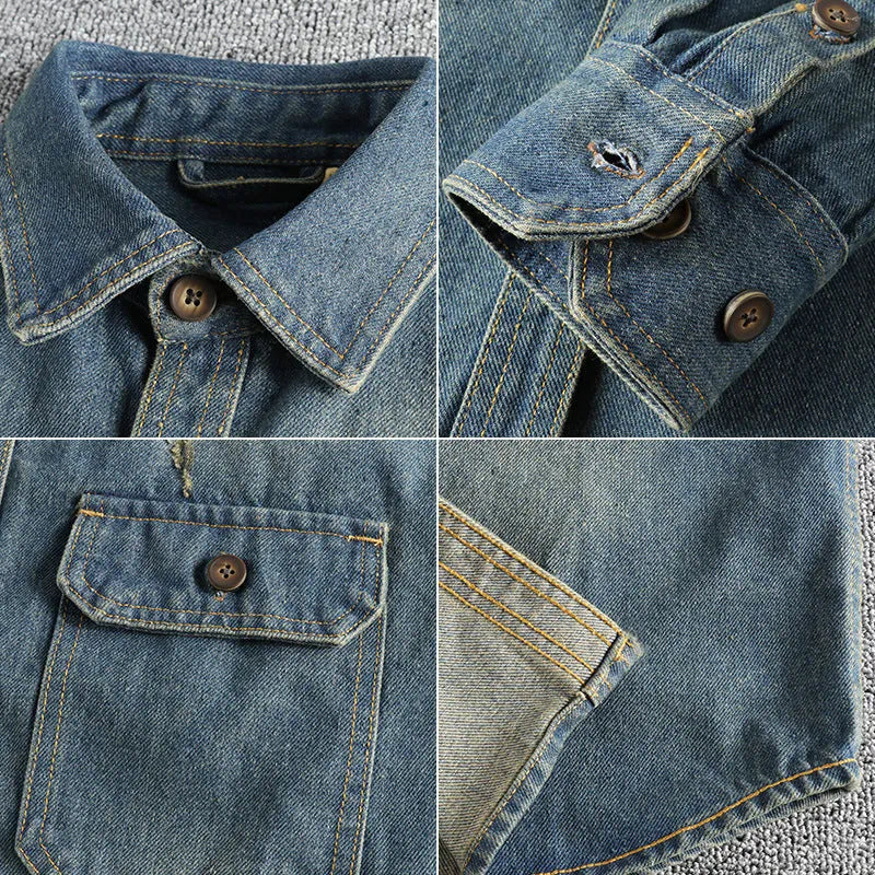Men's light blue washed vintage denim shirt with long sleeves and loose fit