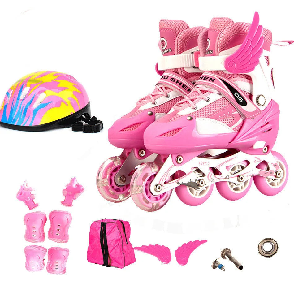 Children's adjustable roller skates with aluminium frame and protective gear including helmet, pads, and backpack