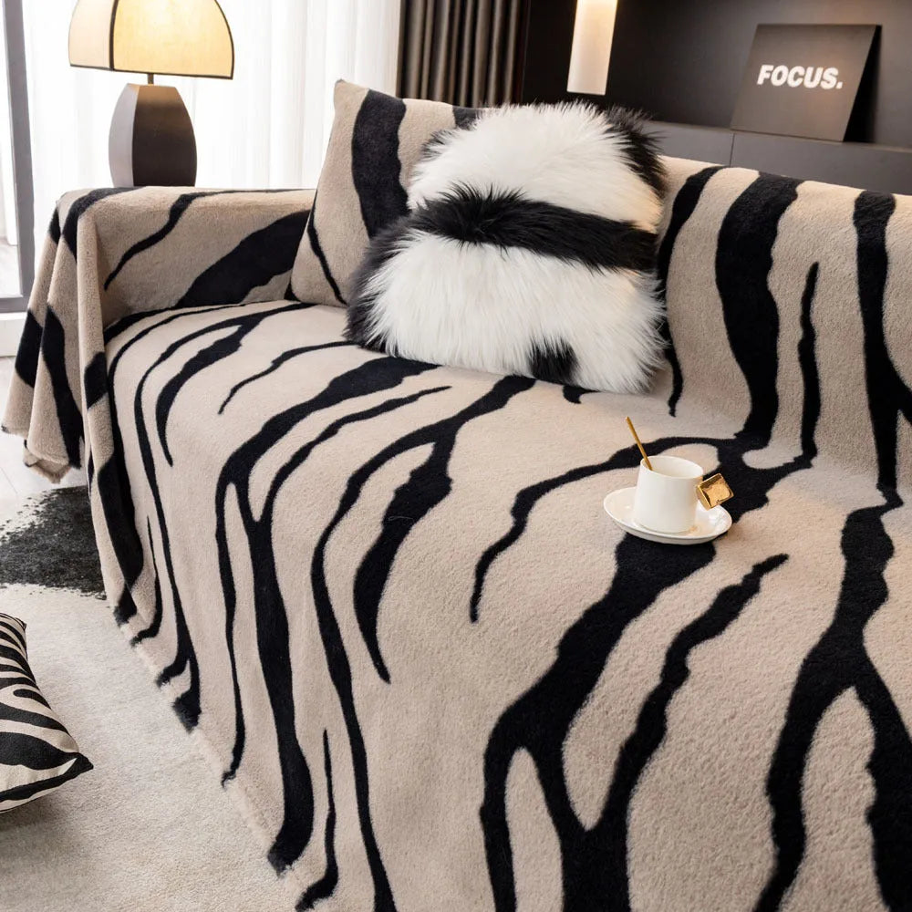 Zebra pattern flannel sofa cover on furniture in caramel colour with matching pillowcase