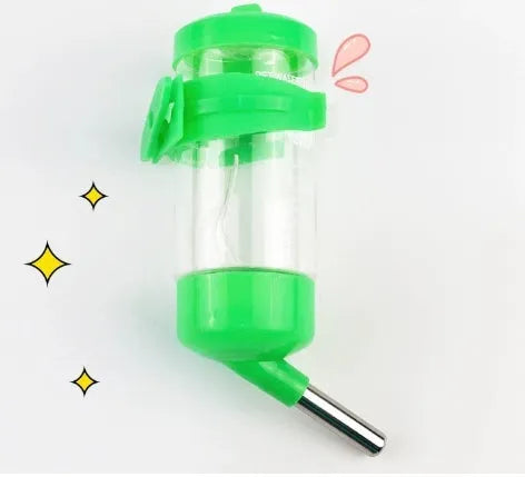 A green plastic ball kettle leak-proof water feeder for pet rodents, shown alongside yellow, pink, white, and sky blue colour options.