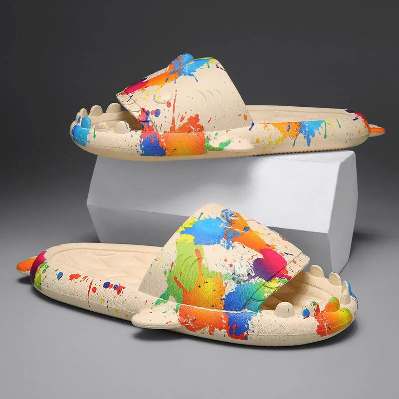 Casual beige and grey shark design EVA open-toe home slippers for men and women.