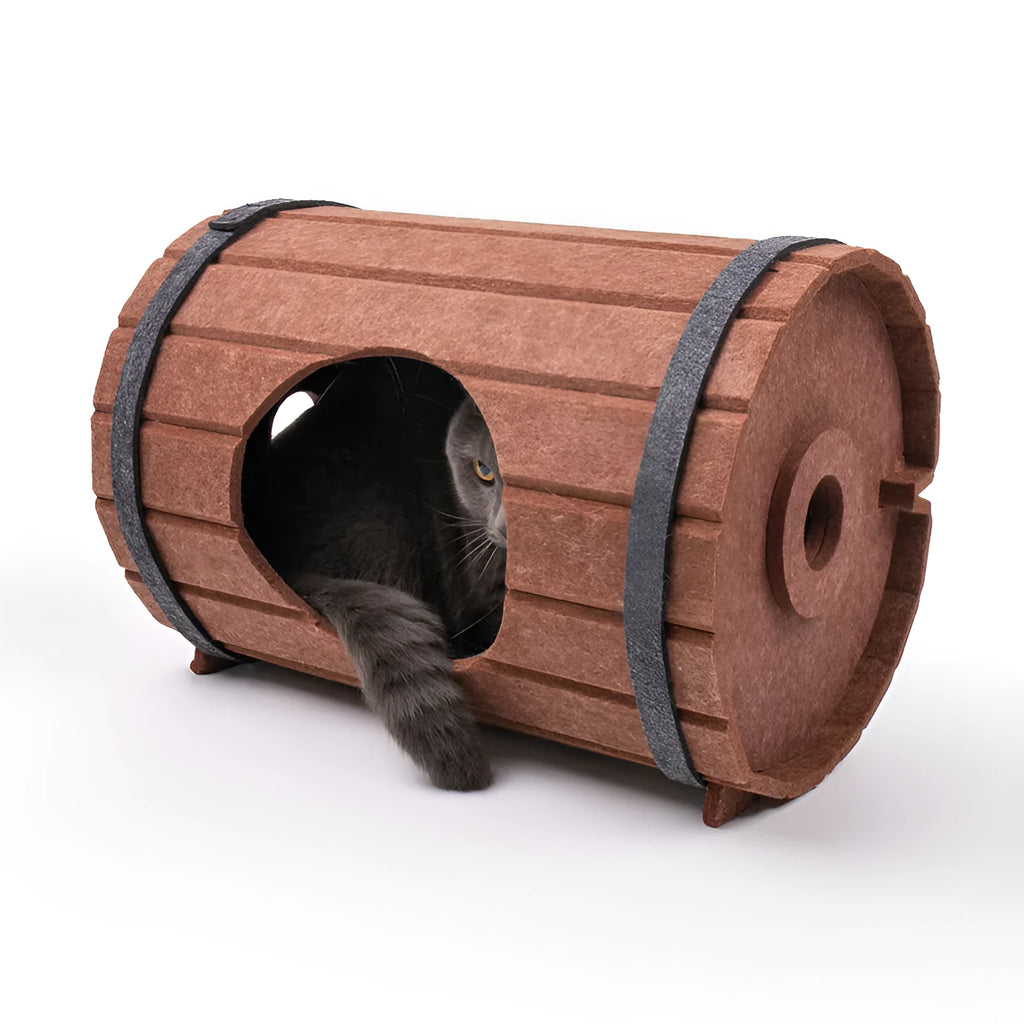 Assembled wine barrel cat bed with three polyester fibre felt boards and binding straps