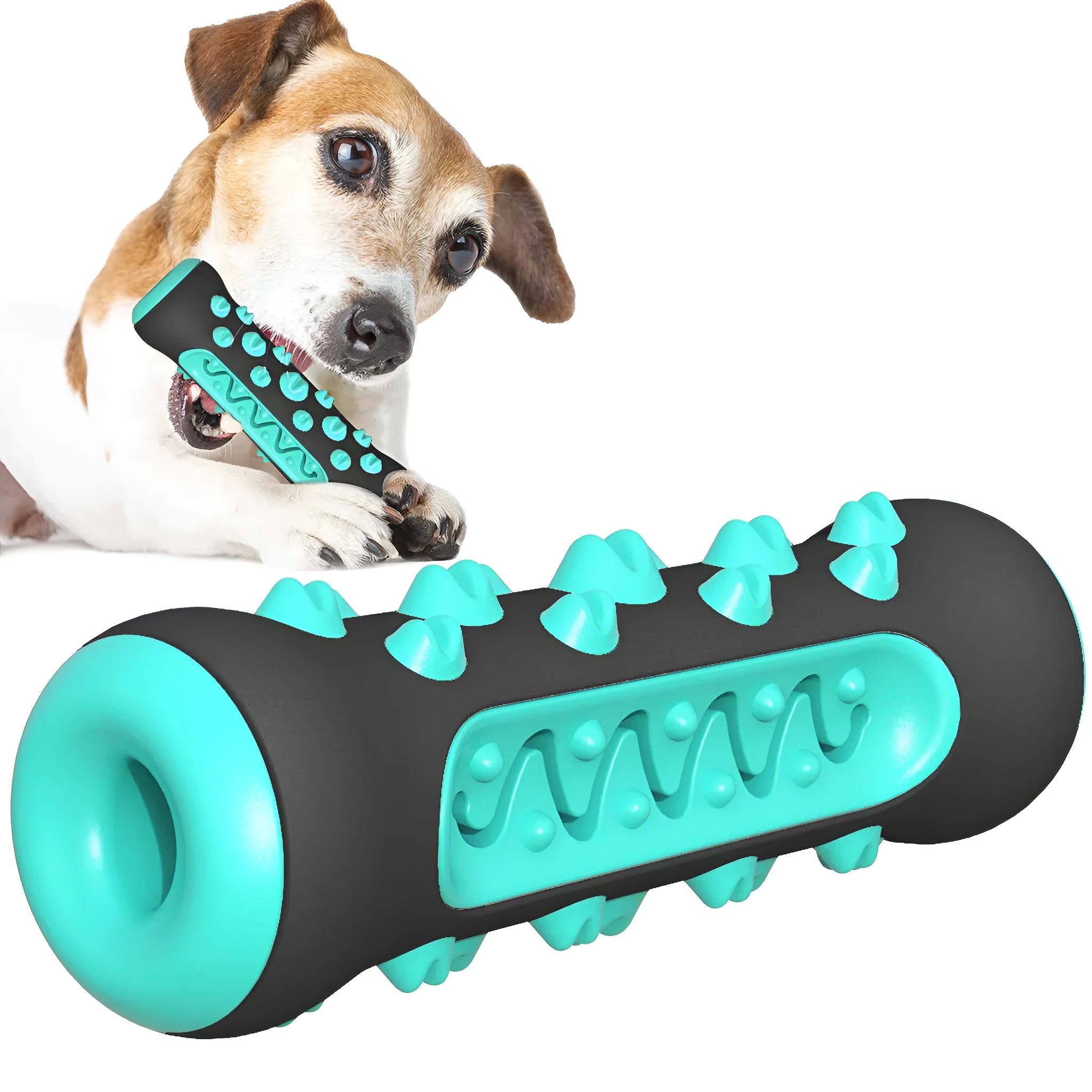 Natural rubber dog toothbrush chew toy in blue colour for dental cleaning, 15cm long.