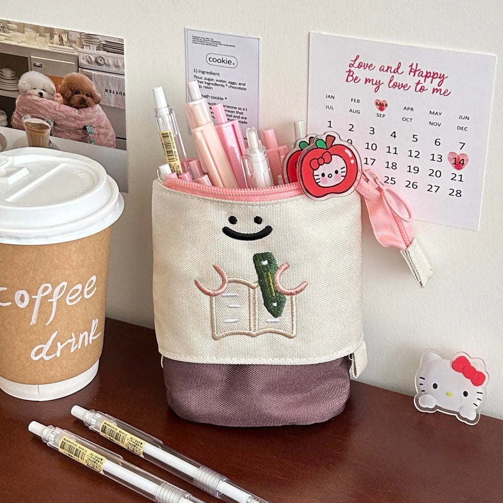 Brown collapsible Korean style pencil case made from Oxford fabric, shown open and closed