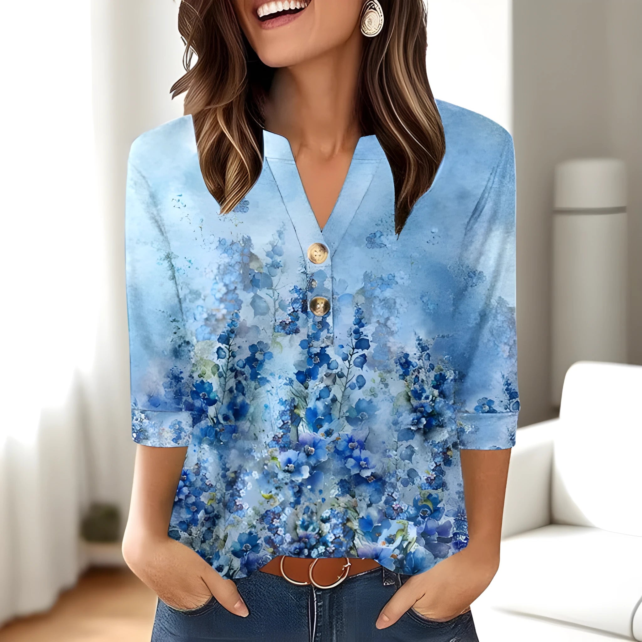 Women's loose fit V-neck T-shirt with 3D printed pattern in Korean casual style