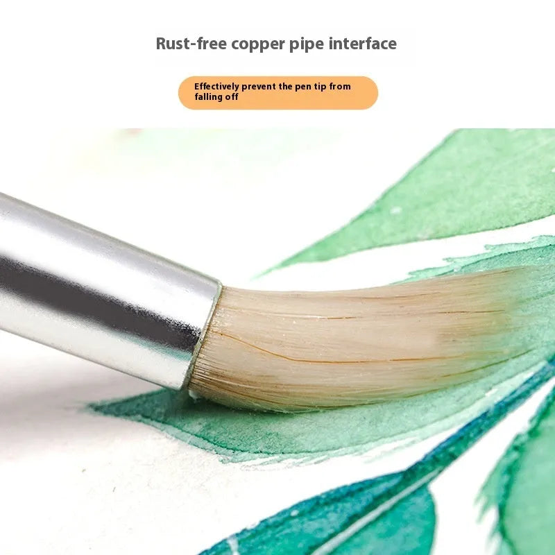 Six wooden-handled artist brushes with pointed wool tips arranged together.