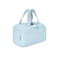 Large lightweight travel wash bag in beige colour with wide-opening design showing interior space