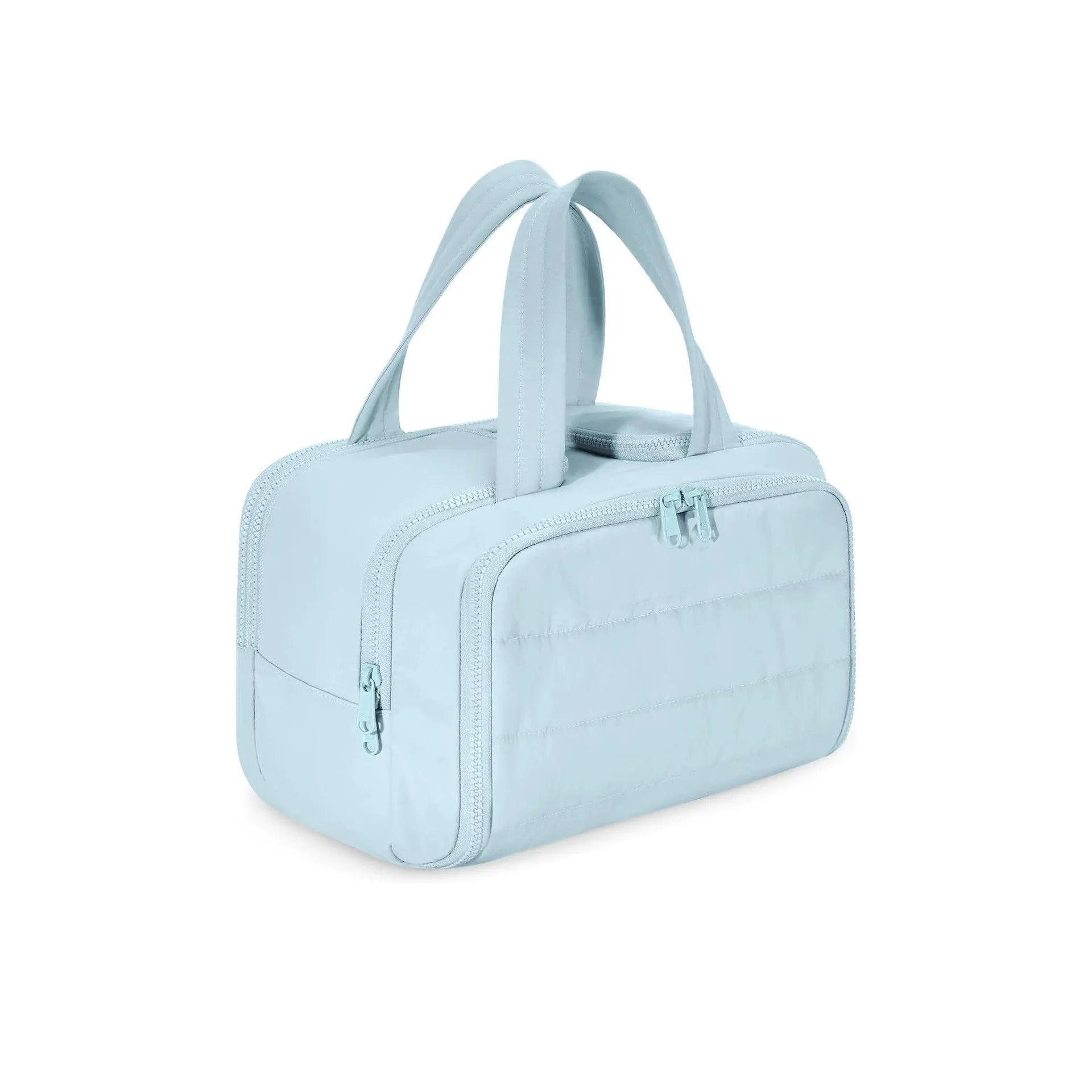 Large lightweight travel wash bag in beige colour with wide-opening design showing interior space