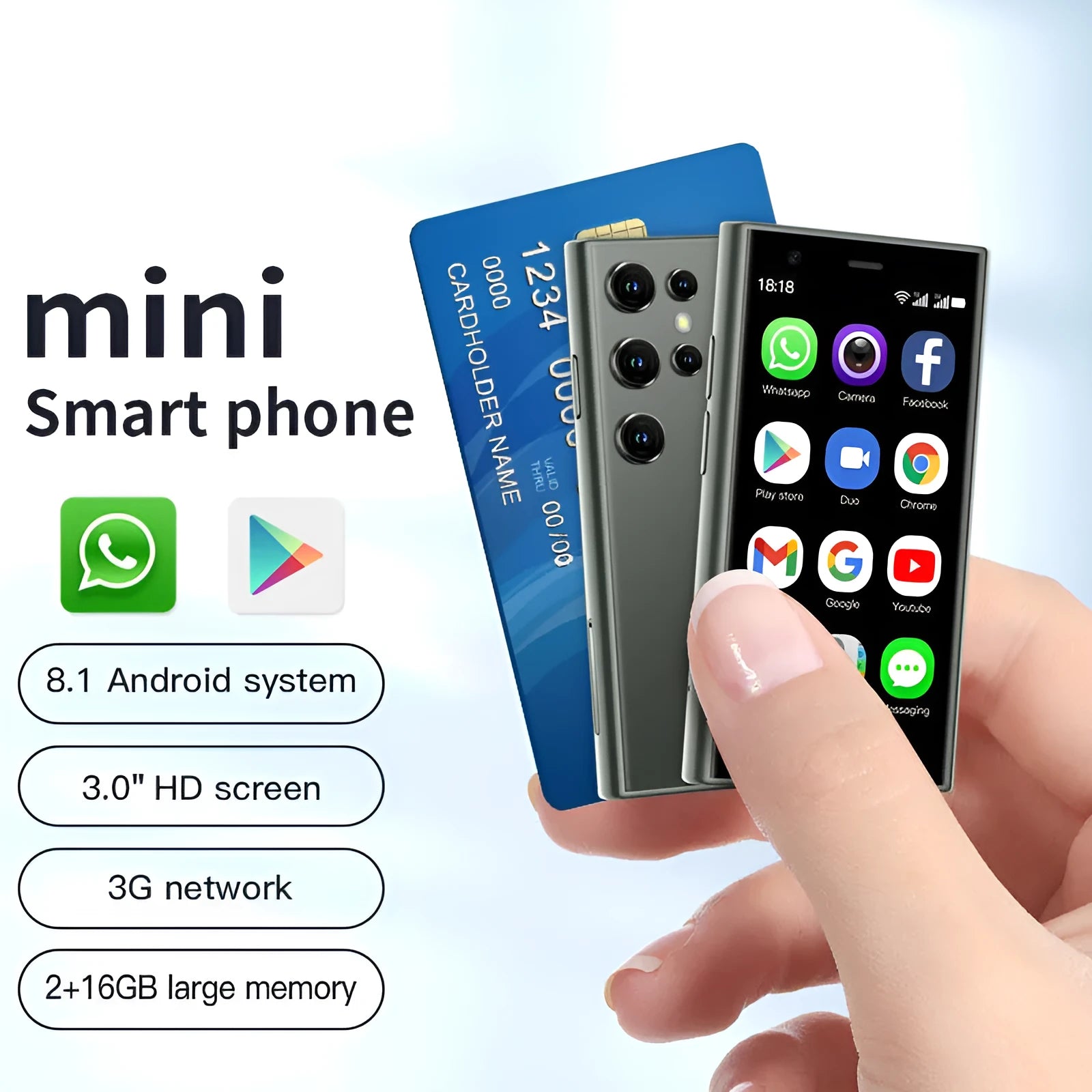 Mini Android smartphone with 30cm screen in black, green or pink purple colours showing compact design