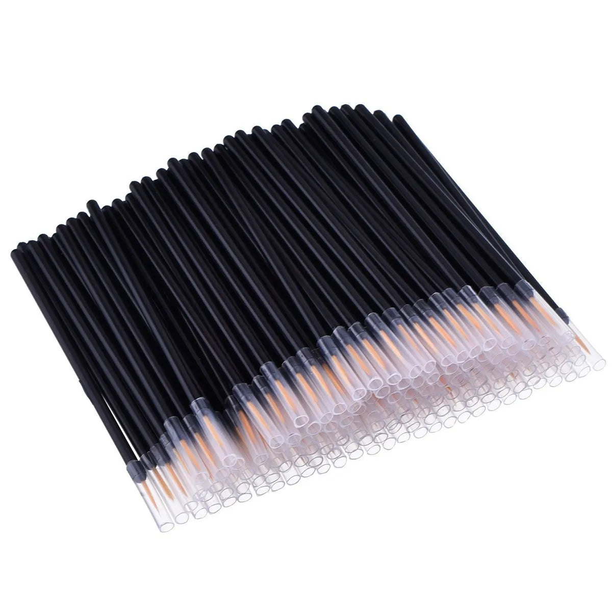 Pack of 100 disposable black eyeliner brushes with fine tips and plastic sleeves