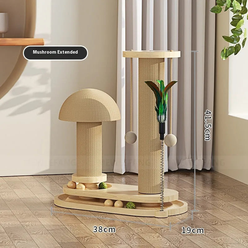 Solid wood cat scratching post with a central turntable, shown in a basic style big flower design