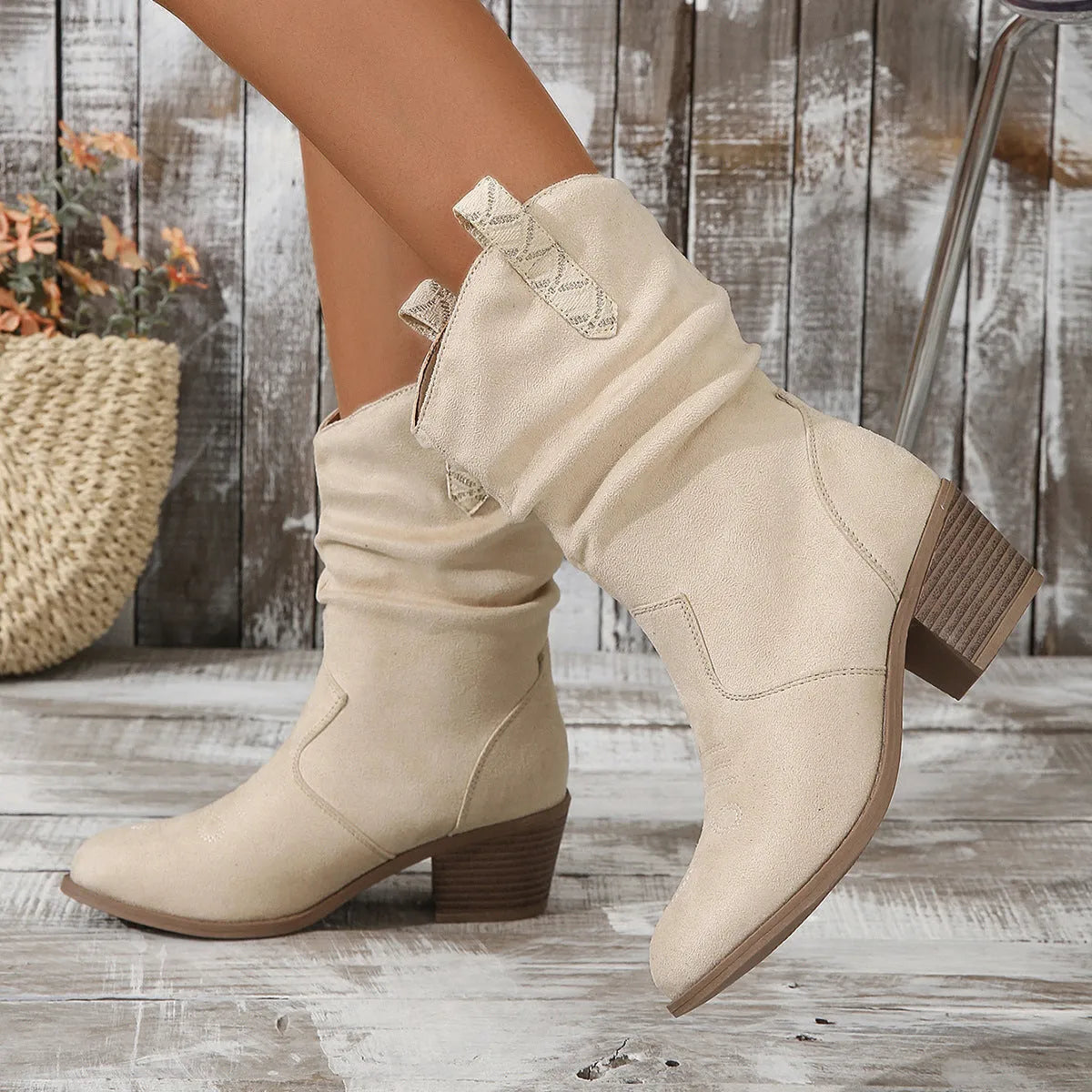 Mid calf suede women's boots with mid heel in Milky White colour