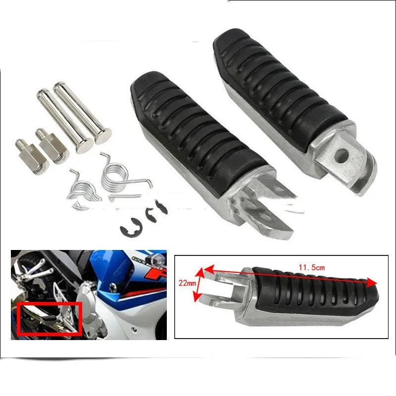 Black aluminium alloy motorcycle footpegs set for Suzuki models on a white background.