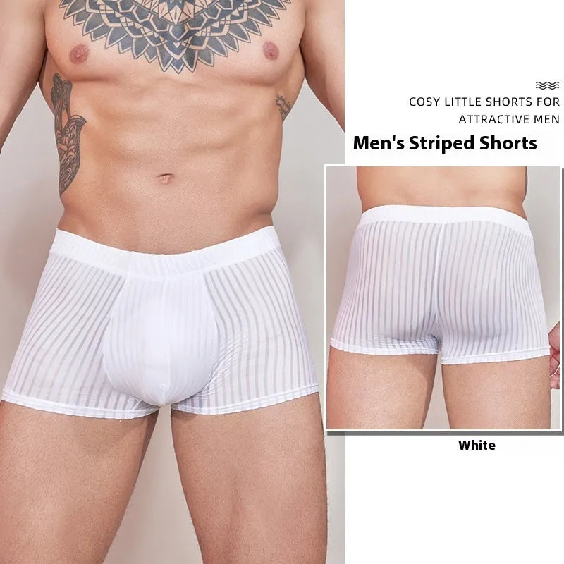 Men's thin striped nylon underwear in black, white, and dark grey colours