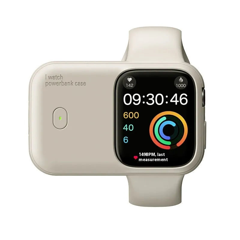 Portable wireless charging case for Apple Watch in brown, midnight blue, and starlight colours.