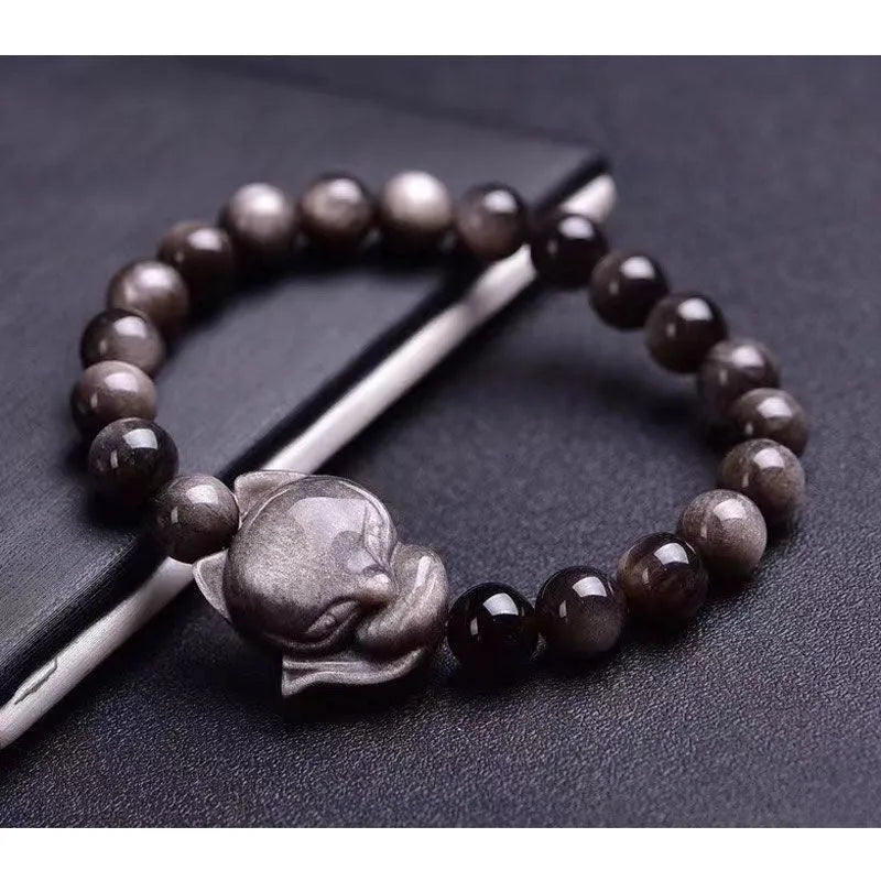 Obsidian Fox single ring bracelet with 8mm polished beads and silver fox charm