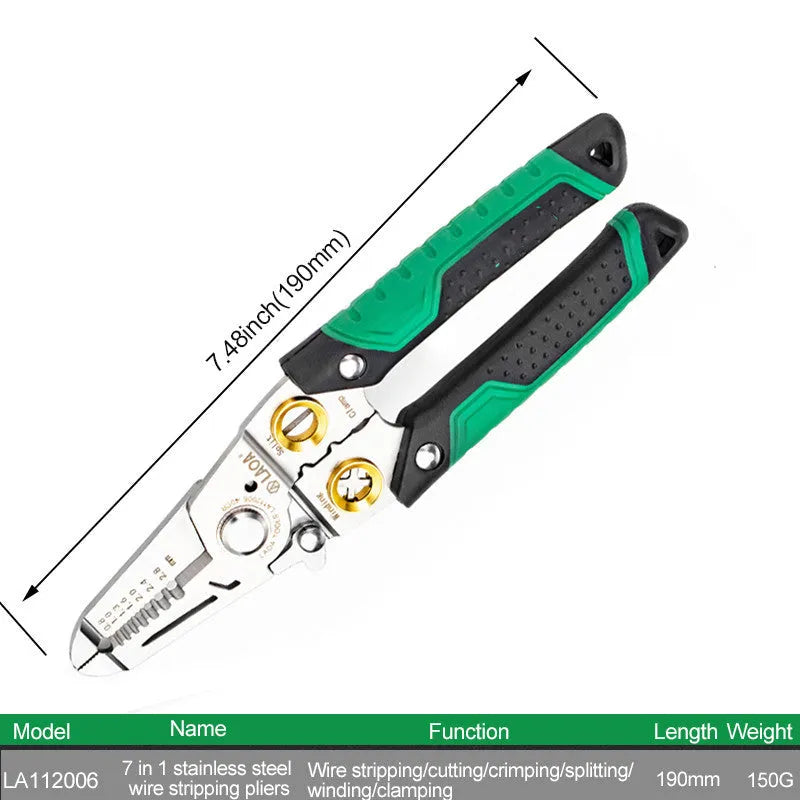 Stainless steel multifunctional wire stripper tool with seven different sized ports and two-colour handle