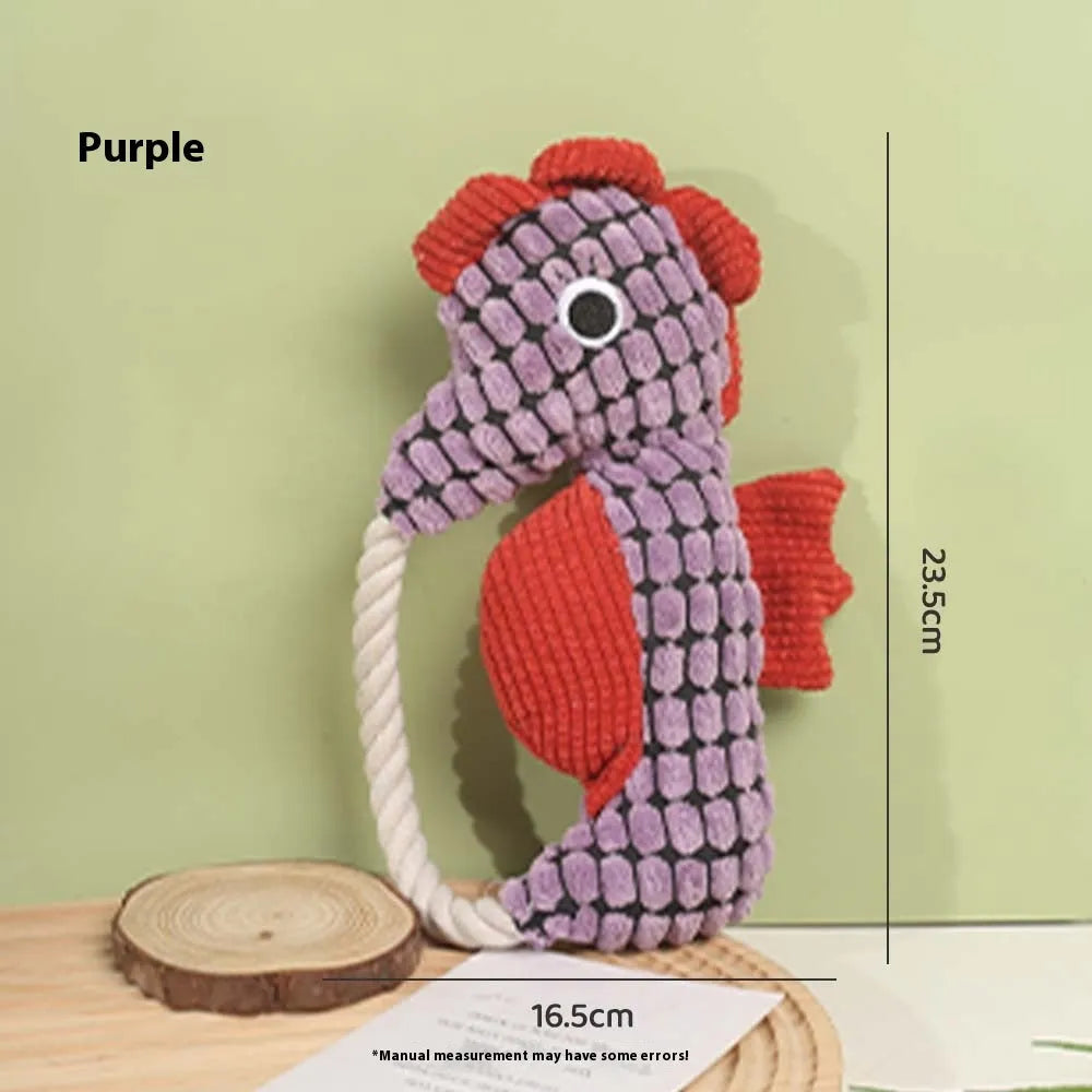 Pineapple velvet molar plush pet toy in yellow seahorse colour with squeaker, 16.5 x 23.5 cm