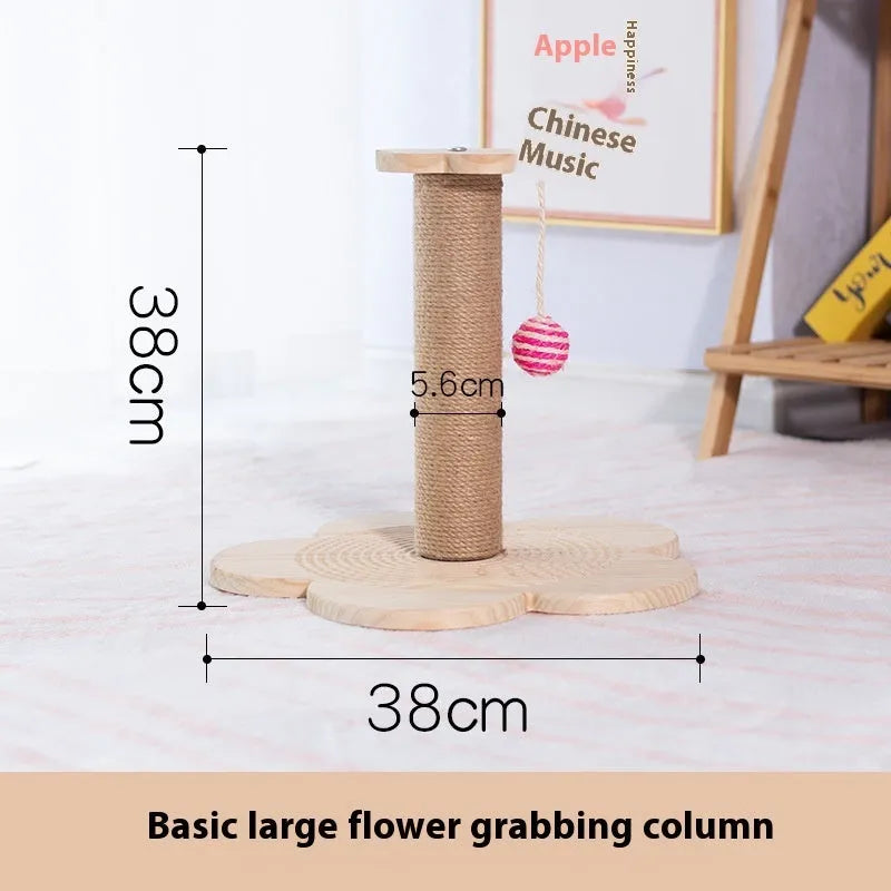 Solid wood cat scratching post with a central turntable, shown in a basic style big flower design