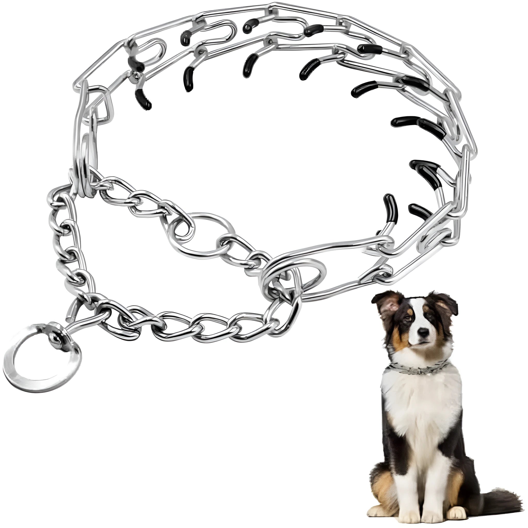 Stainless steel dog prong collar with rubber tips and adjustable chain design