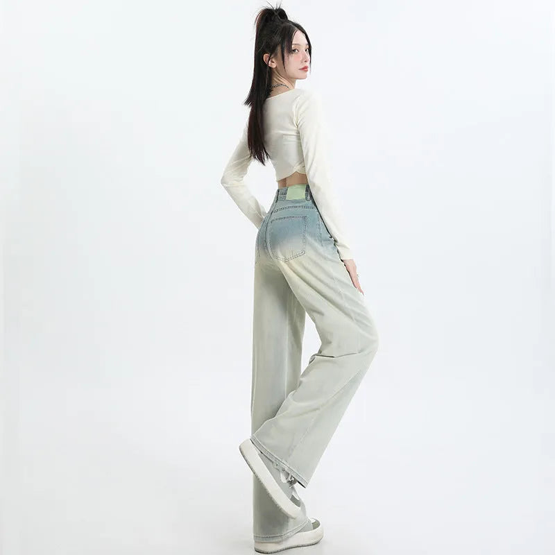 Gradient blue women's straight-leg trousers with wide-leg design and cotton composition