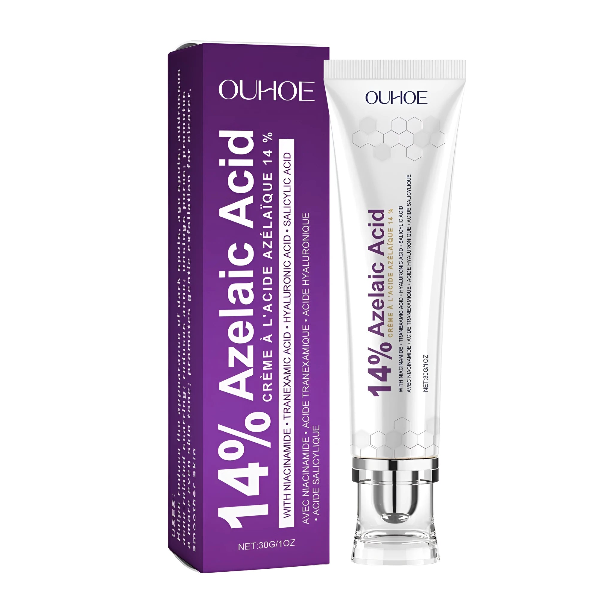 30g jar of face cream containing nicotinamide, hyaluronic acid, and salicylic acid.