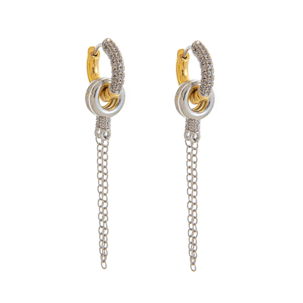 Pair of green zircon ear studs with chain, copper base, electroplated finish, two ways to wear design