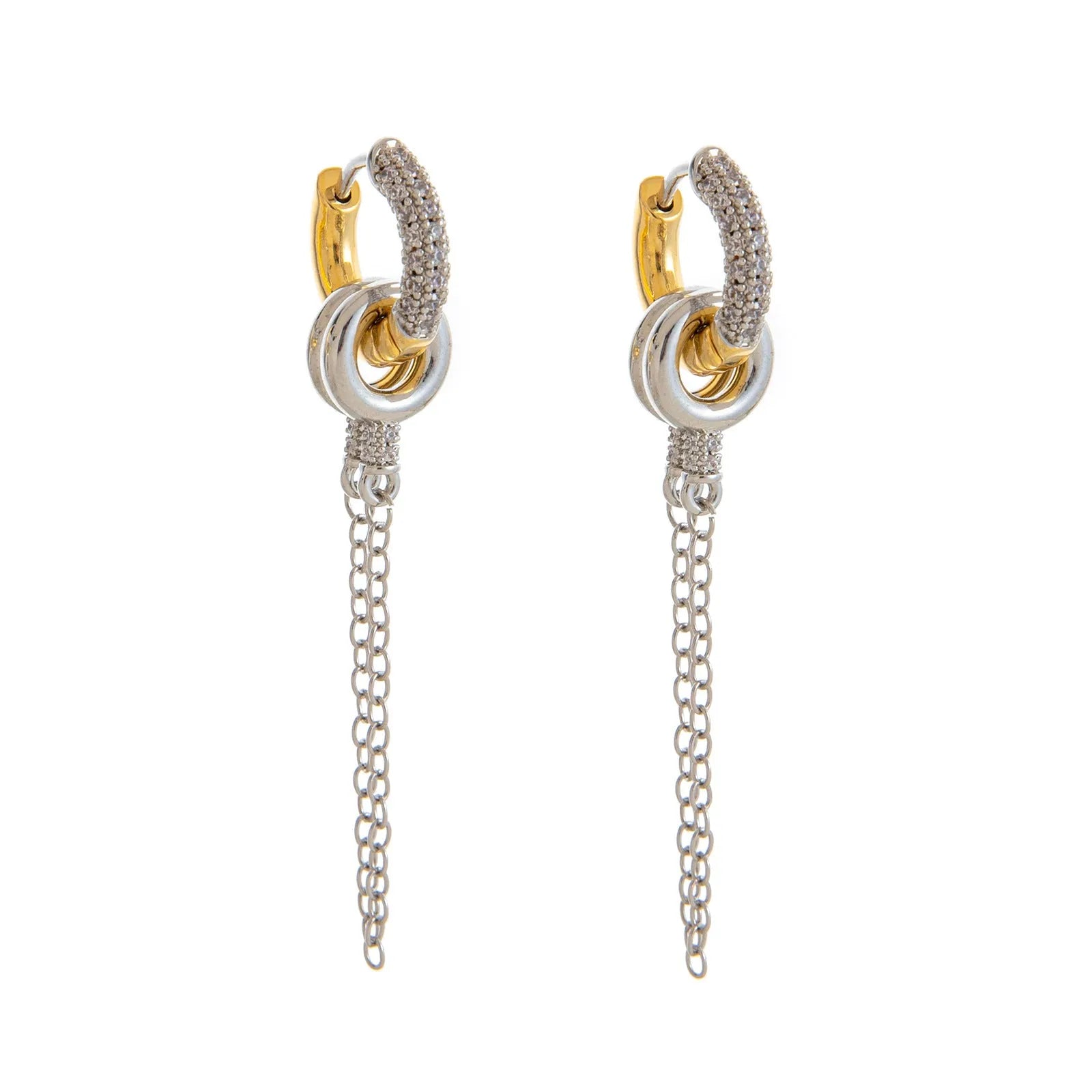 Pair of green zircon ear studs with chain, copper base, electroplated finish, two ways to wear design