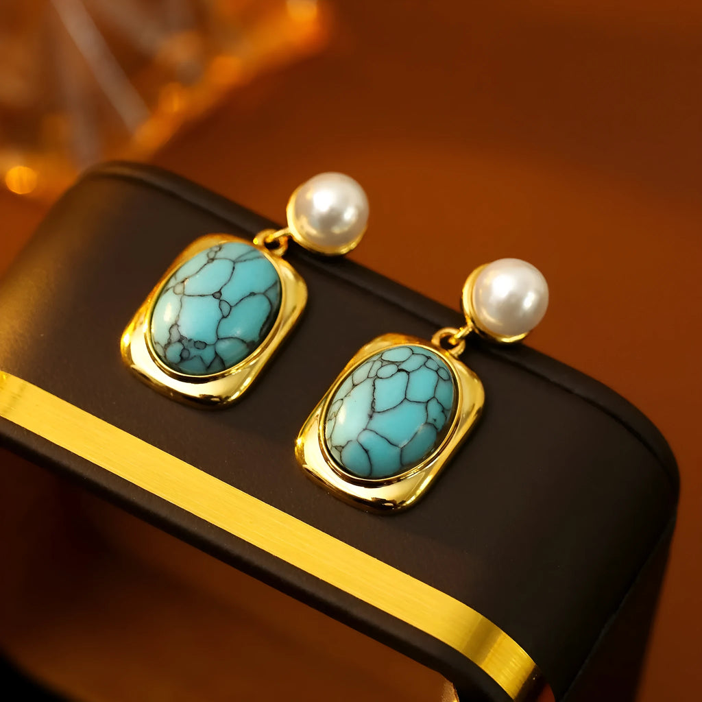 French vintage oval turquoise pearl earrings 18K gold electroplate copper geometric drop with silver needle