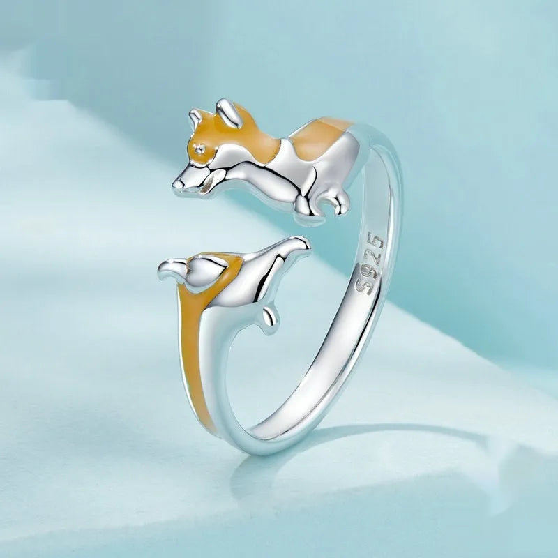 Silver electroplated corgi pet ring with adjustable band and cartoon animal design