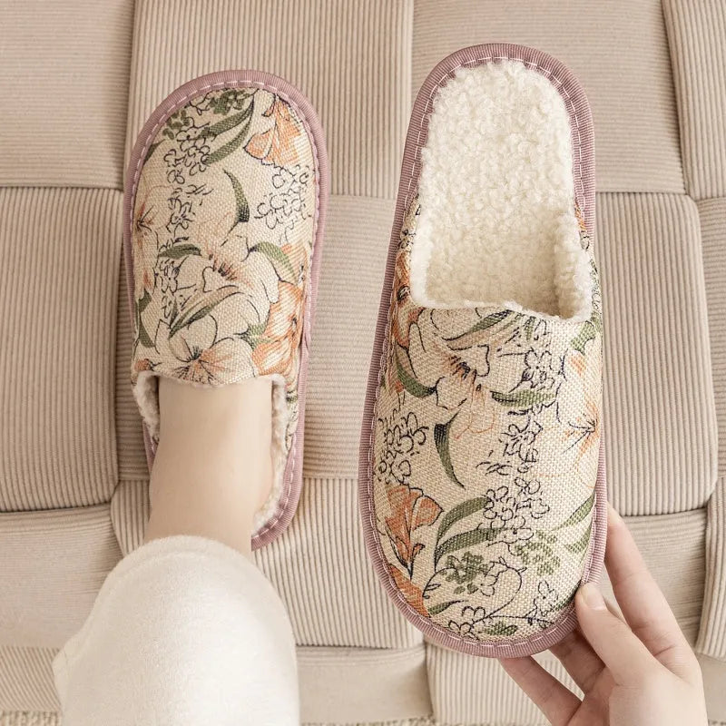 Linen and cotton household slippers with PVC sole in a floral colour option showing size and material detail.