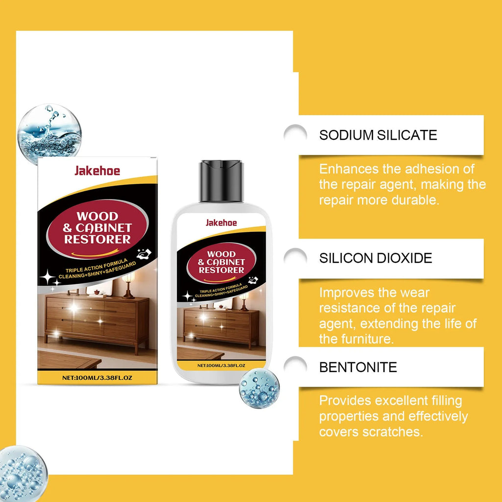 Wooden furniture scratch care solution set showing 100ml bottle and 20x20cm microfibre towel