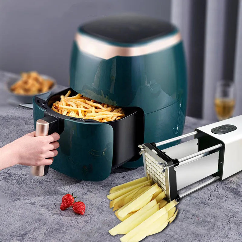 Electric French fry cutter stainless steel with two blades and black body, cutting potatoes and carrots.