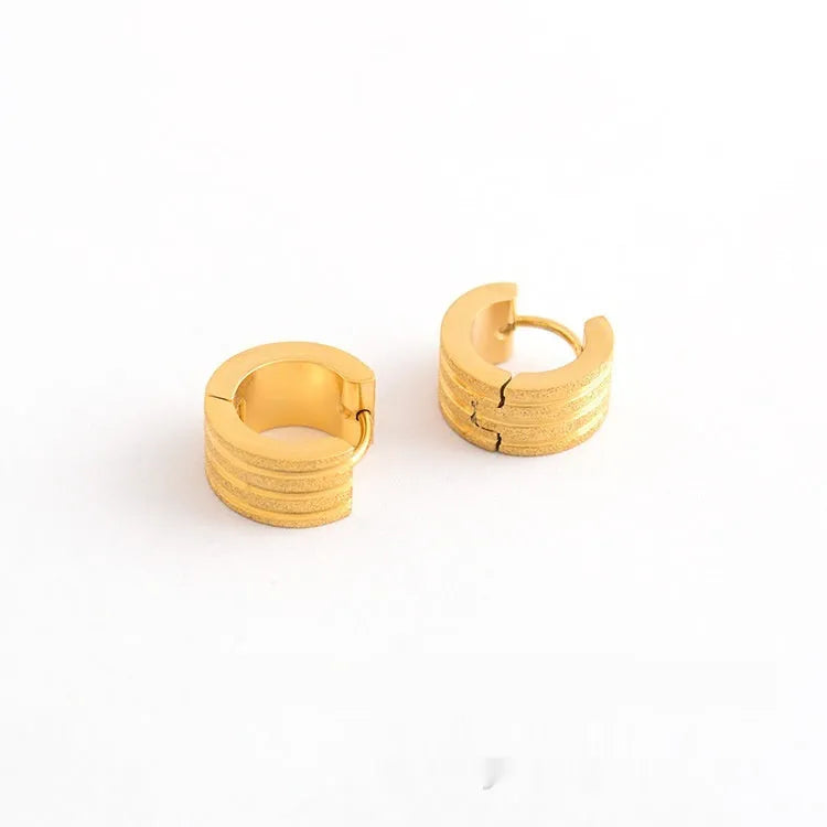 Geometric three-line frosted titanium steel earrings in black, gold, or steel colour on a white background.