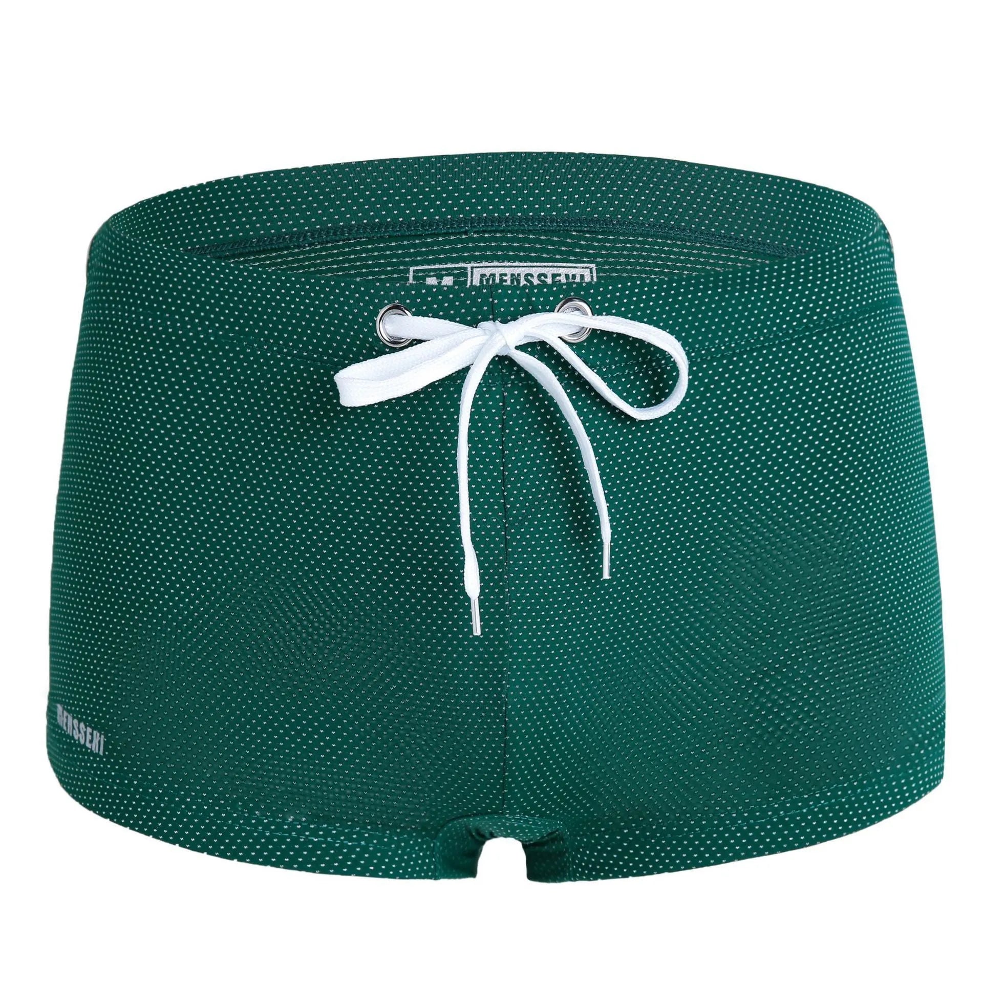 Men's low waist boxer style nylon swimming trunks in multiple solid colours