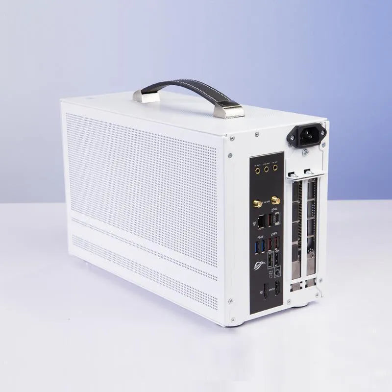 Three Hummingbird PRO portable ITX desktop chassis in titanium gray or white with tinned steel construction