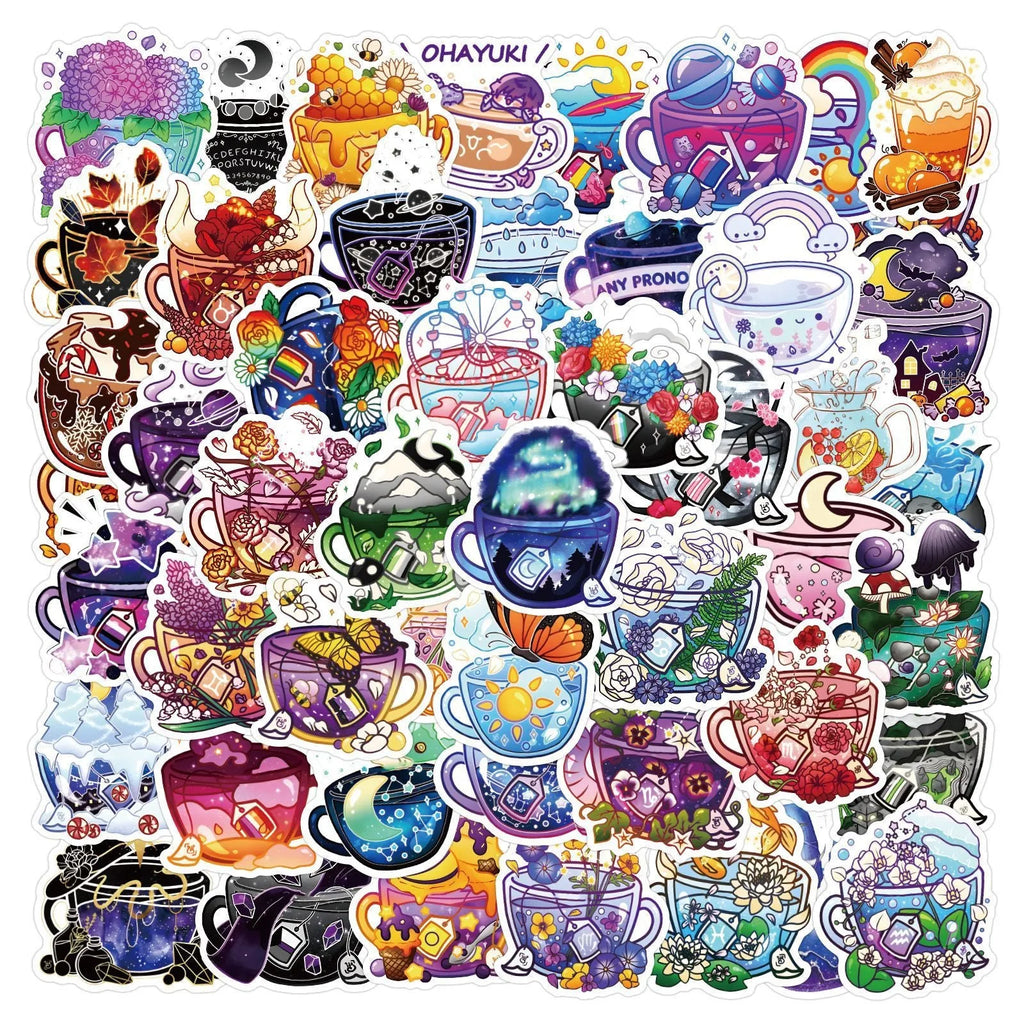 Colourful tea cup graffiti design waterproof stickers 50 piece pack for luggage and scooter personalisation