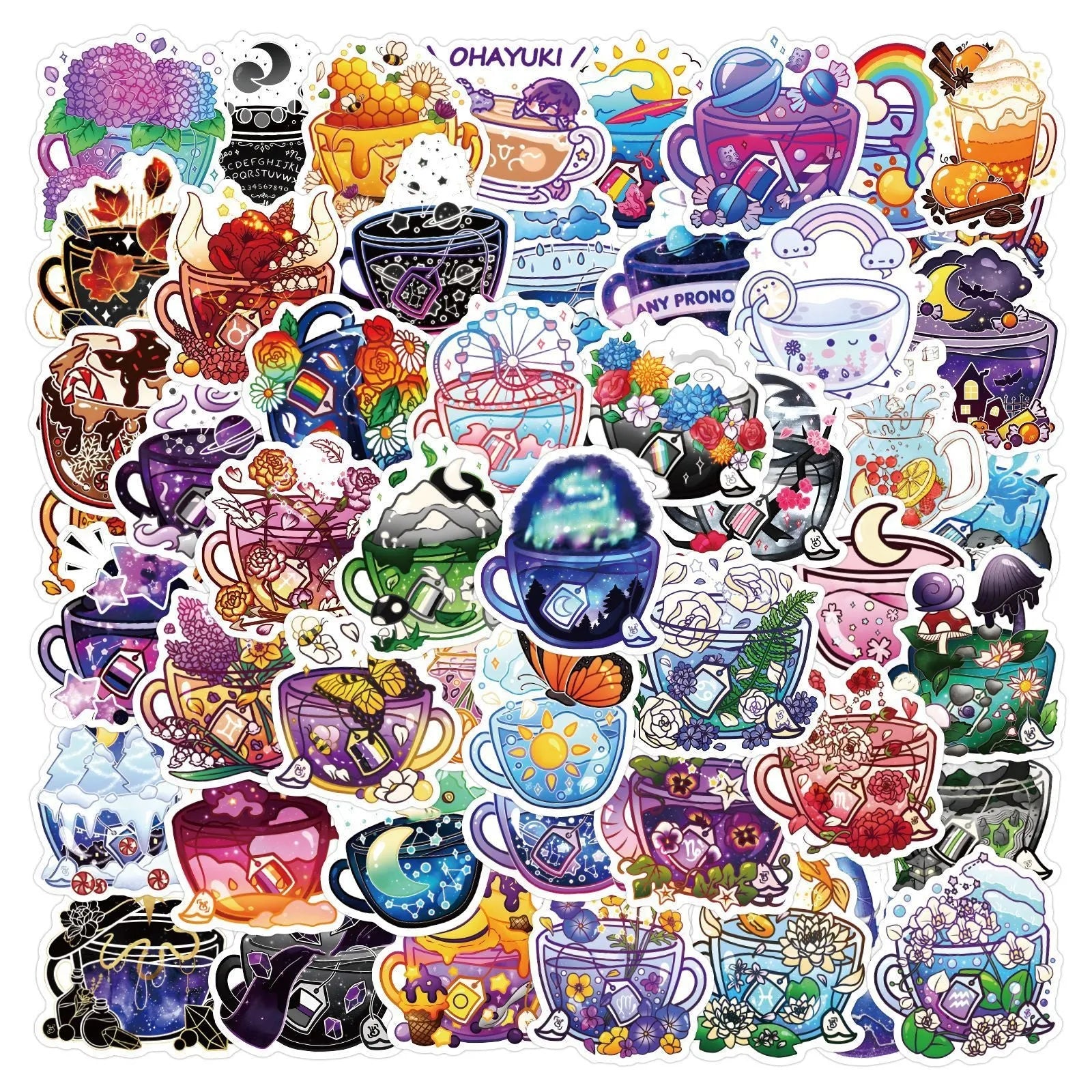 Colourful tea cup graffiti design waterproof stickers 50 piece pack for luggage and scooter personalisation