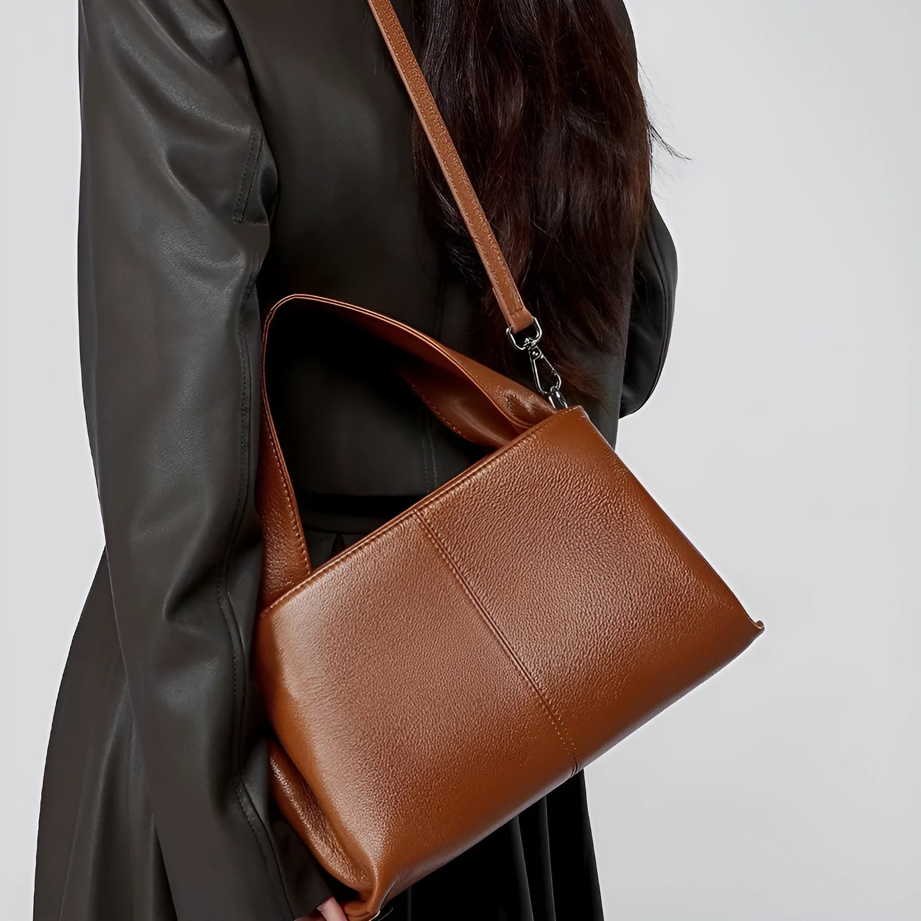 Women's genuine leather messenger bag in horizontal square shape with double shoulder straps