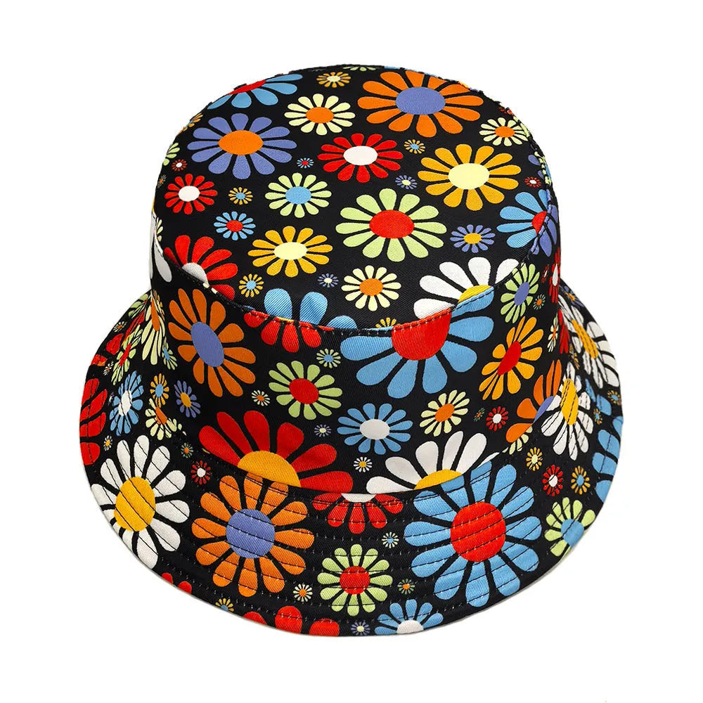 Colourful flowers pattern bucket hat with dome crown in size M for sun protection