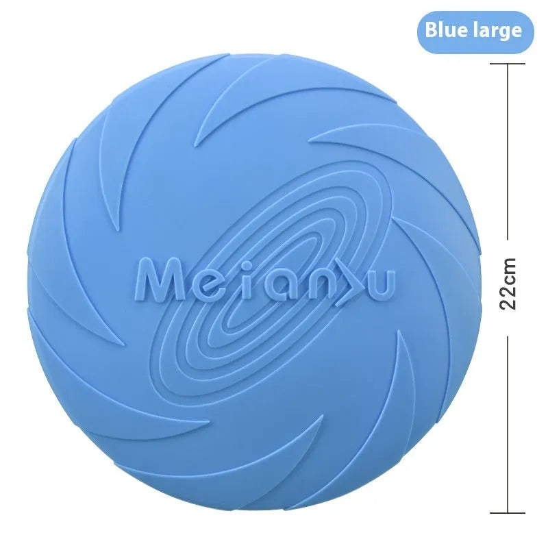 Soft rubber dog frisbee fetch toy shown in blue, green, and red colours for small, medium, and large sizes.