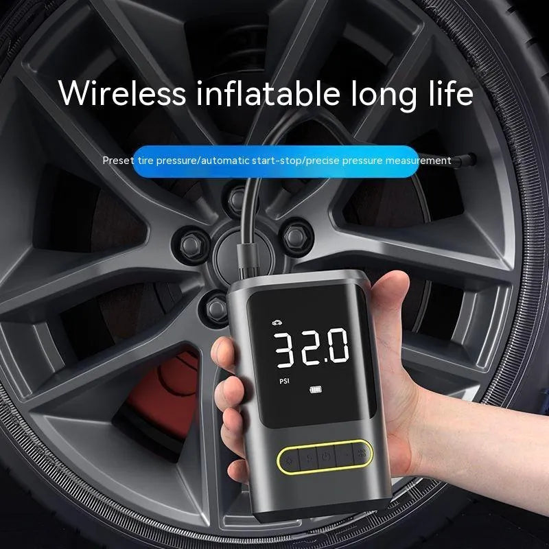 Handheld wireless digital tyre inflator with display screen, LED light, and air hose.