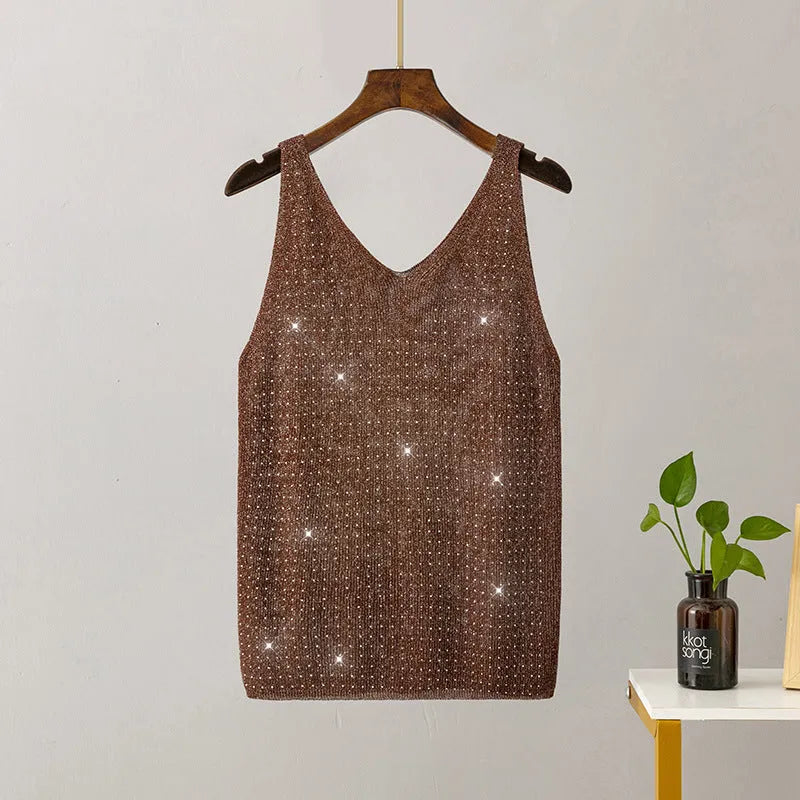 Ice silk knitted bright thread diamond-encrusted V-neck camisole in slim fit, shown in multiple colours including black, white, pink, and khaki