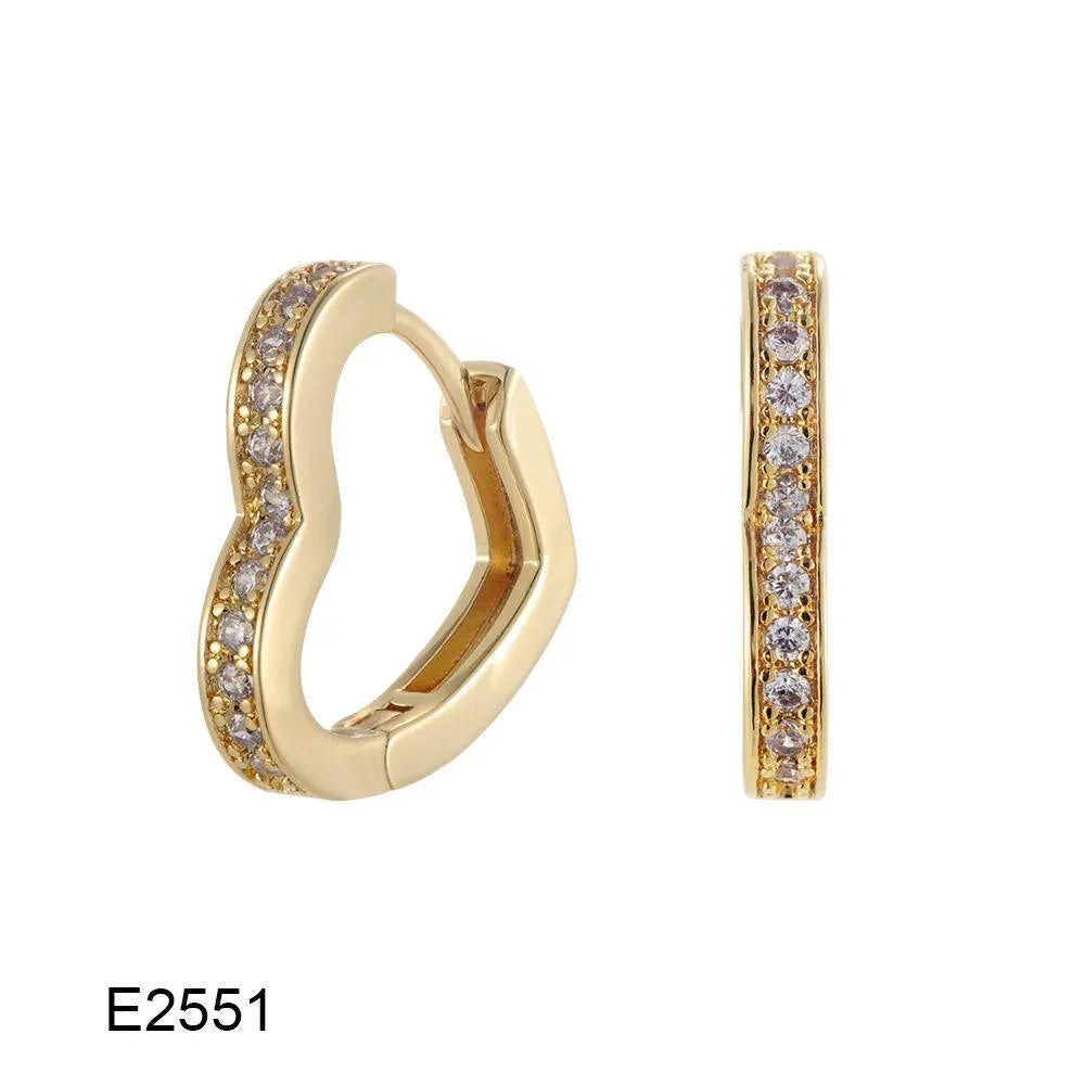 Brass gold plated heart-shaped zircon ear clip earrings with gang drill detailing