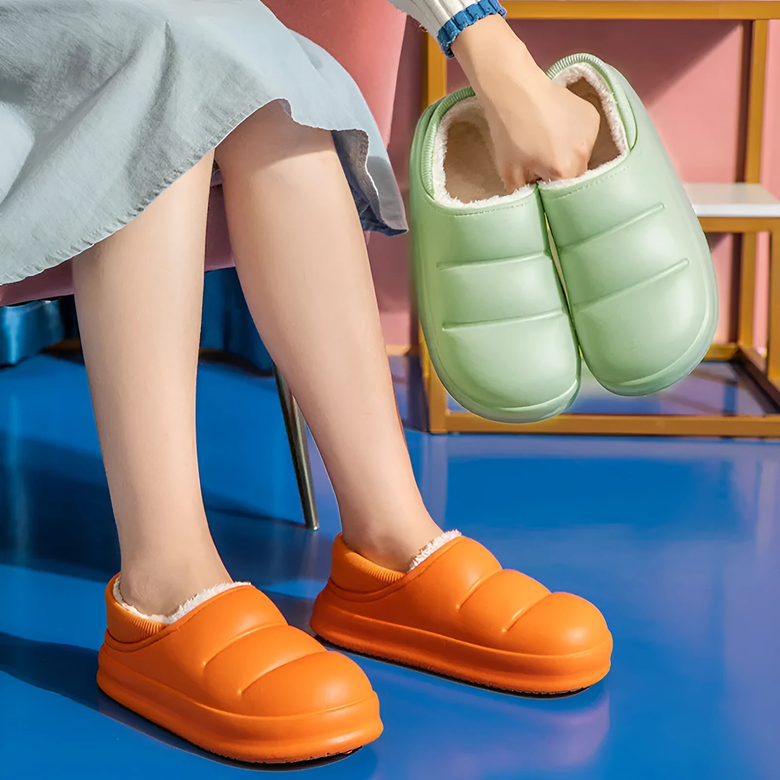 Green waterproof EVA garden slippers with plush lining and a non-slip sole, shown on a wooden deck.