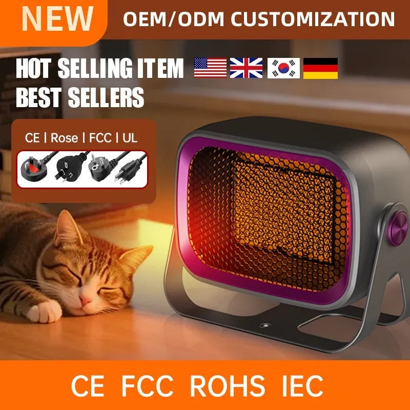 Grey PTC ceramic desktop heater with oscillation feature on wooden desk