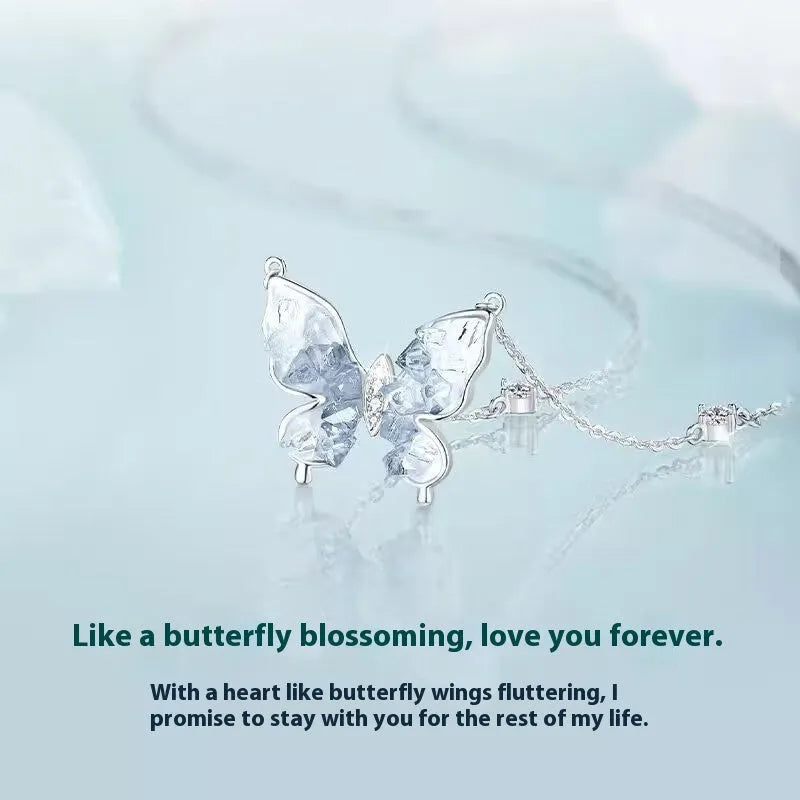 S925 sterling silver butterfly necklace with adjustable 41-50cm chain and ice rain pendant