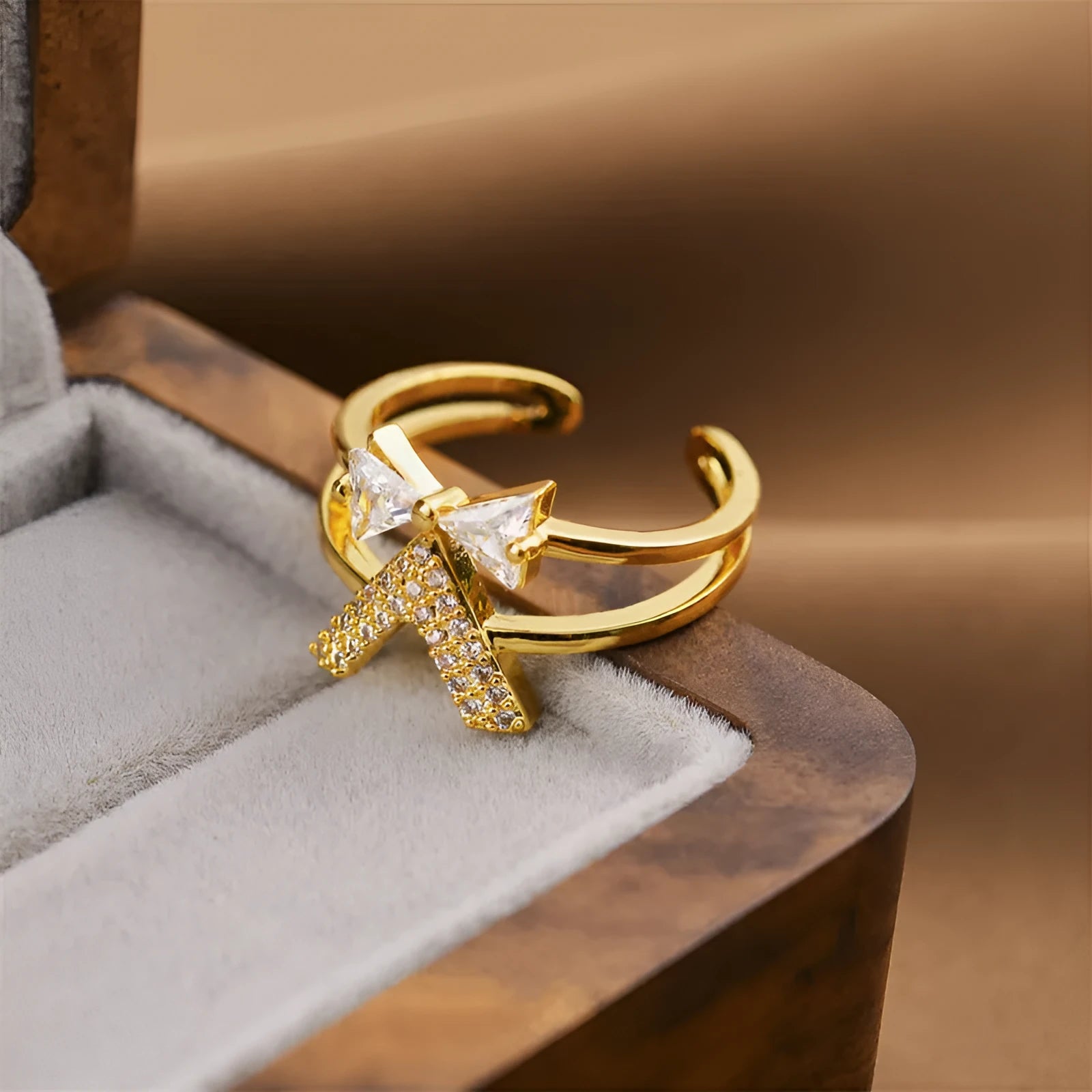 Gold geometric open fashion ring made from electroplated copper, shown in a Korean-inspired style.